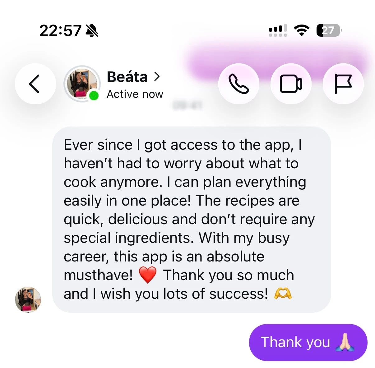 Beata's Instagram comment about Glow From Within